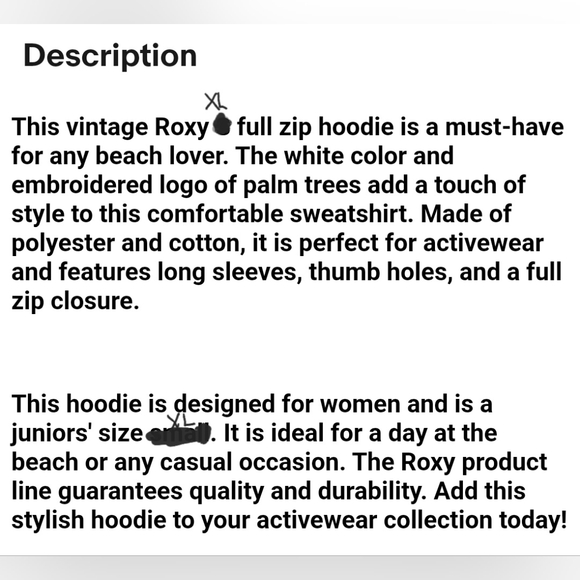 Vintage ROXY Full Zip Hoodie, Juniors Size XL/Womens Size XS/S - Picture 5 of 6